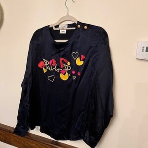 Vintage Laurel by Escada made in Italy navy silk blouse 10 12  with embroidery